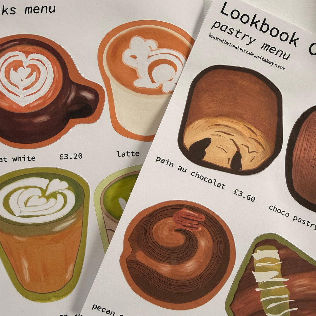 Two pastry menus with illustrations of coffee drinks and pastries.